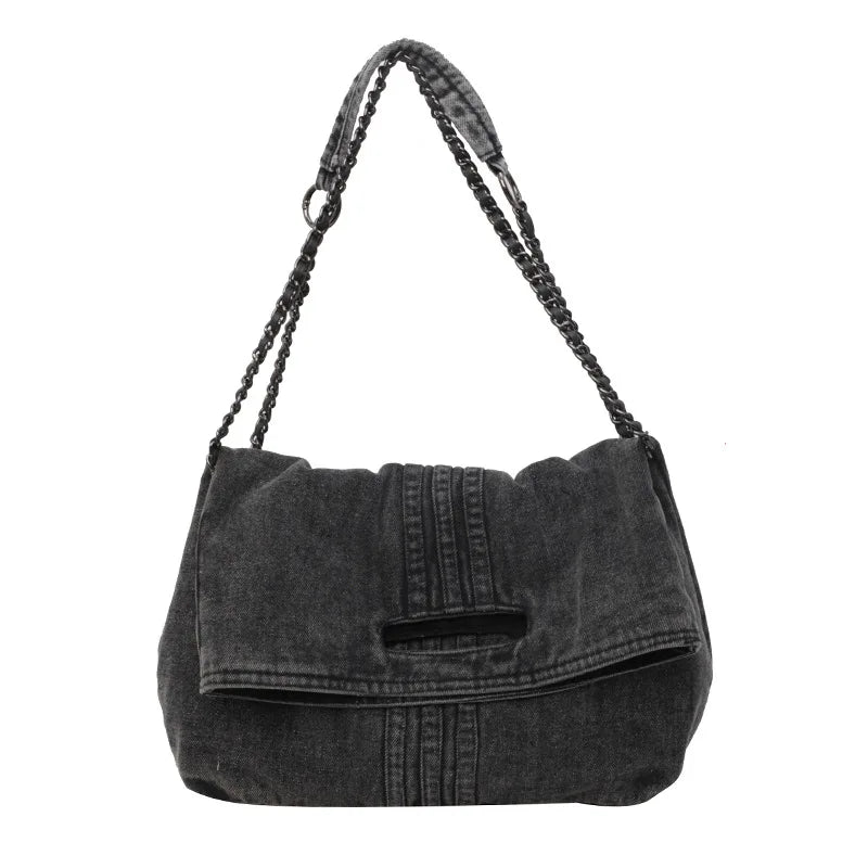 Oxford Denim Tote Bag with Chain Strap