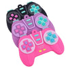 A set of silicone game controllers in purple and pink colors for baby teethering