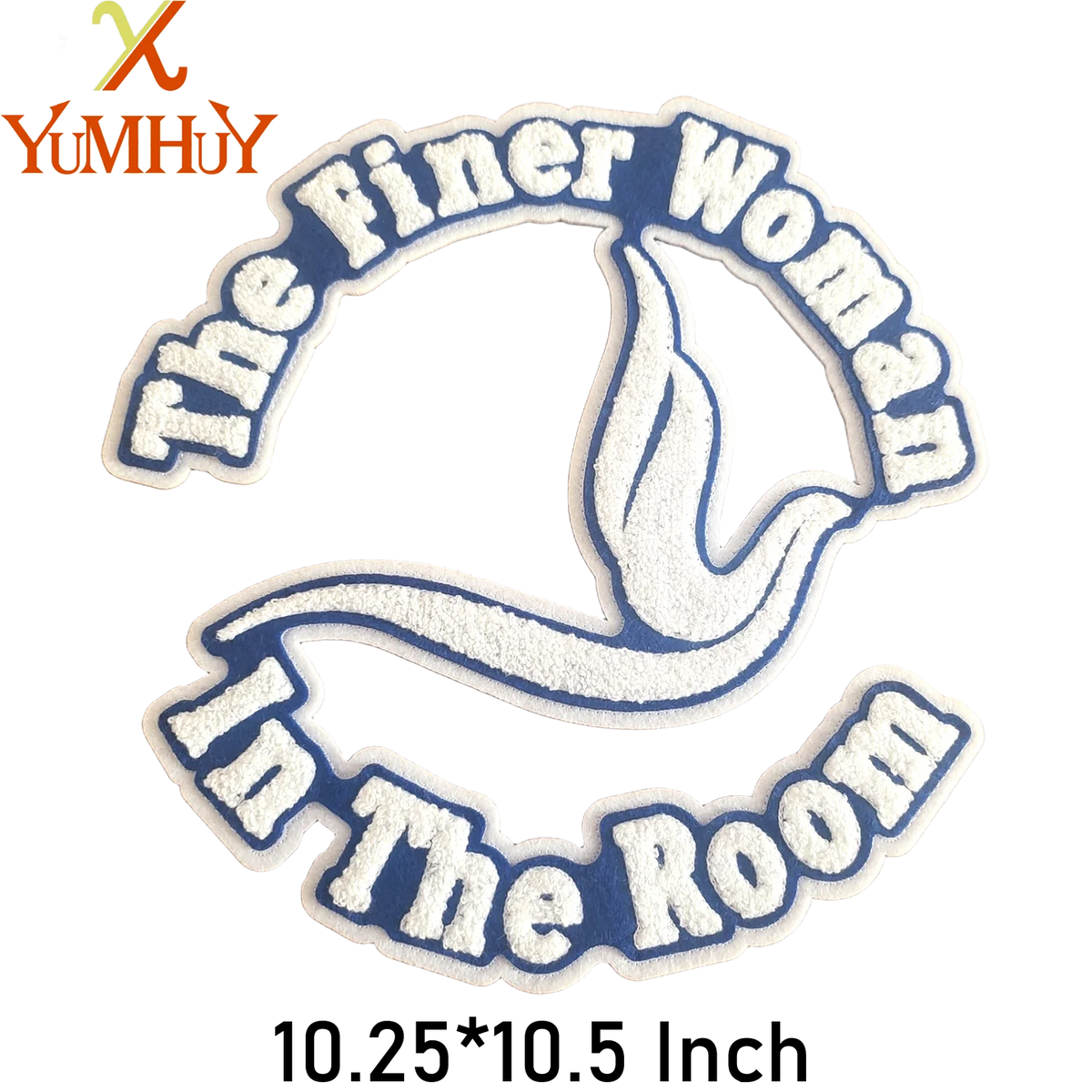 Vintage chenille iron-on patch featuring the text The Finer Woman In The Room