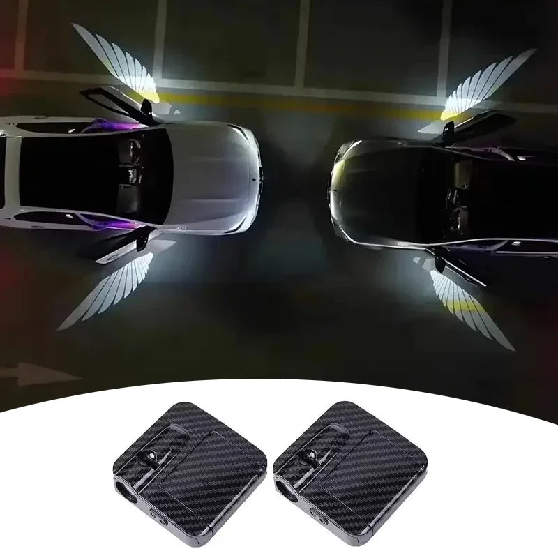 A pair of black wireless LED car door logo projectors are shown against a dark background.