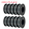 A bundle of ten 10KG PLA grey filament spools for a 3D printer.