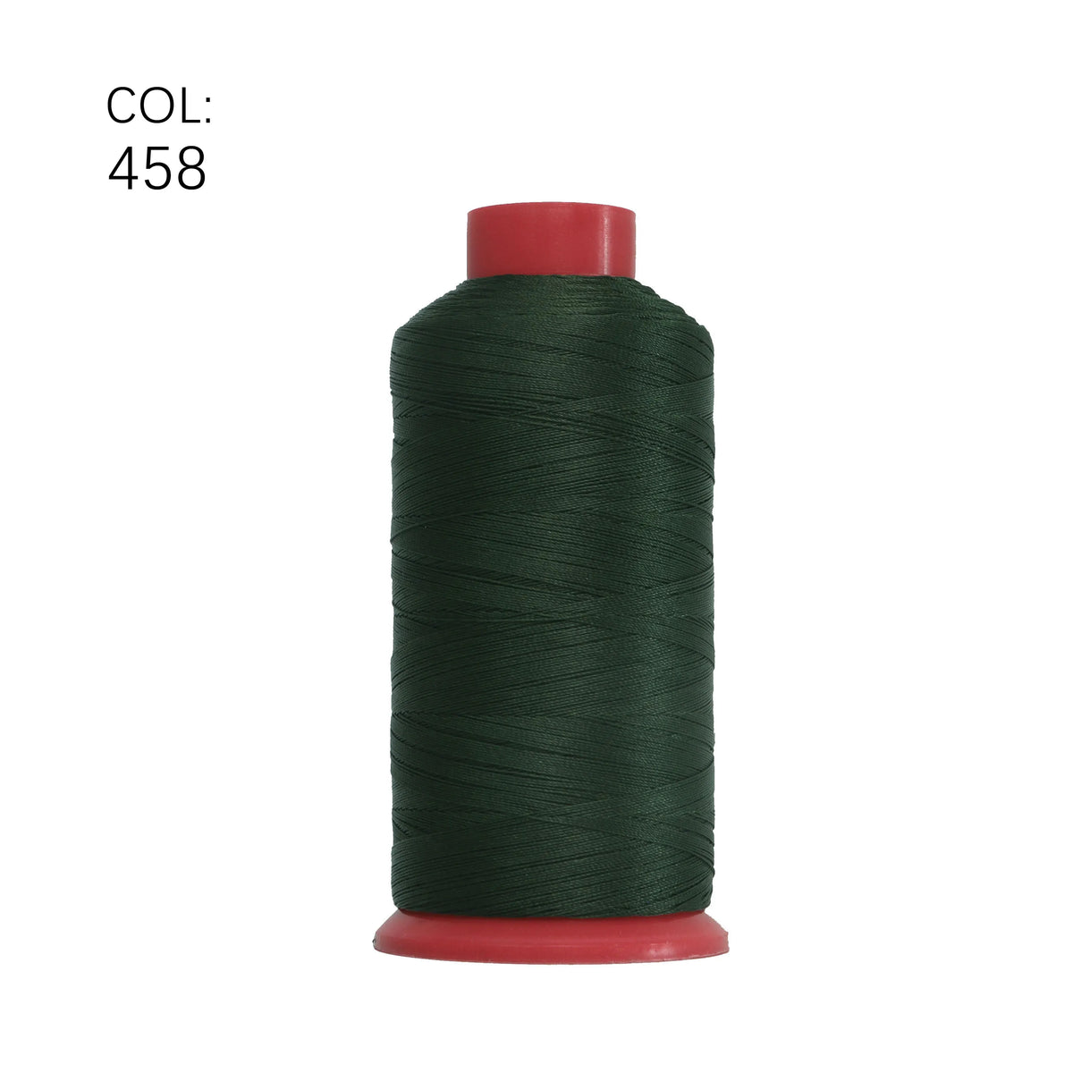 A spool of dark green heavy-duty nylon bonded thread with a red cap.