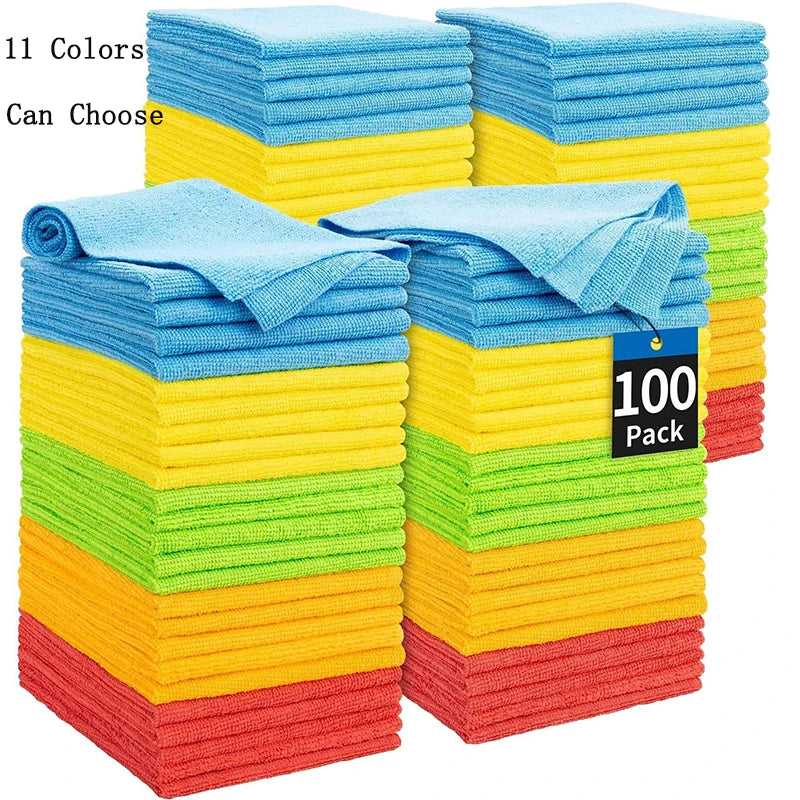 A stack of 100 multicolored microfiber cleaning towels in various shades of blue, yellow, green, and orange.
