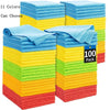 A stack of 100 multicolored microfiber cleaning towels in various shades of blue, yellow, green, and orange.