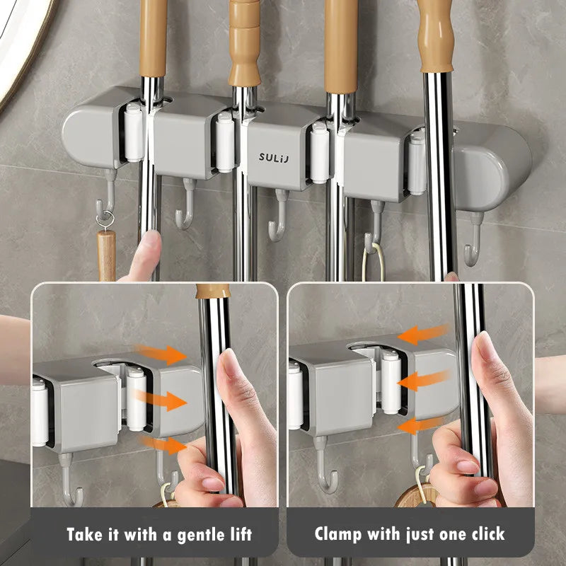 Wall-Mounted Mop and Broom Holder with Adhesive Mount