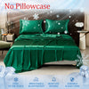 Emerald green luxury ice silk bed sheets draped on a bed with white and silver snowflake accents.