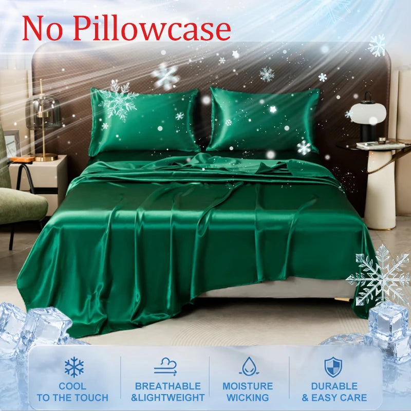 Emerald green luxury ice silk bed sheets draped on a bed with white and silver snowflake accents.