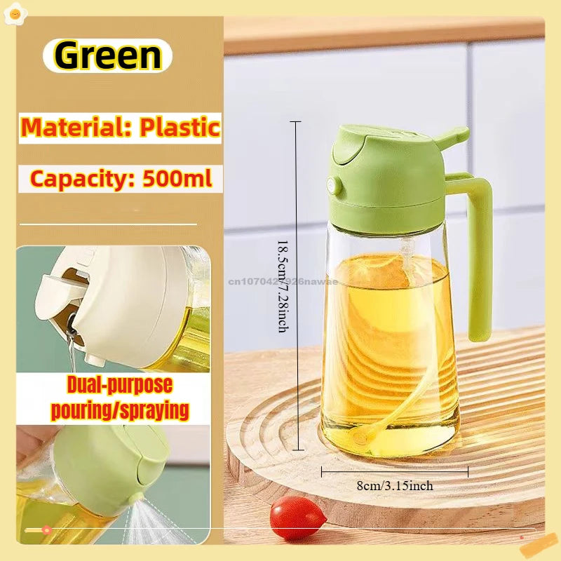A green plastic oil spray bottle with a handle is shown next to a lemon slice on a wooden surface.
