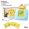 Blue card machine toy with various food flash cards and a USB charging cable