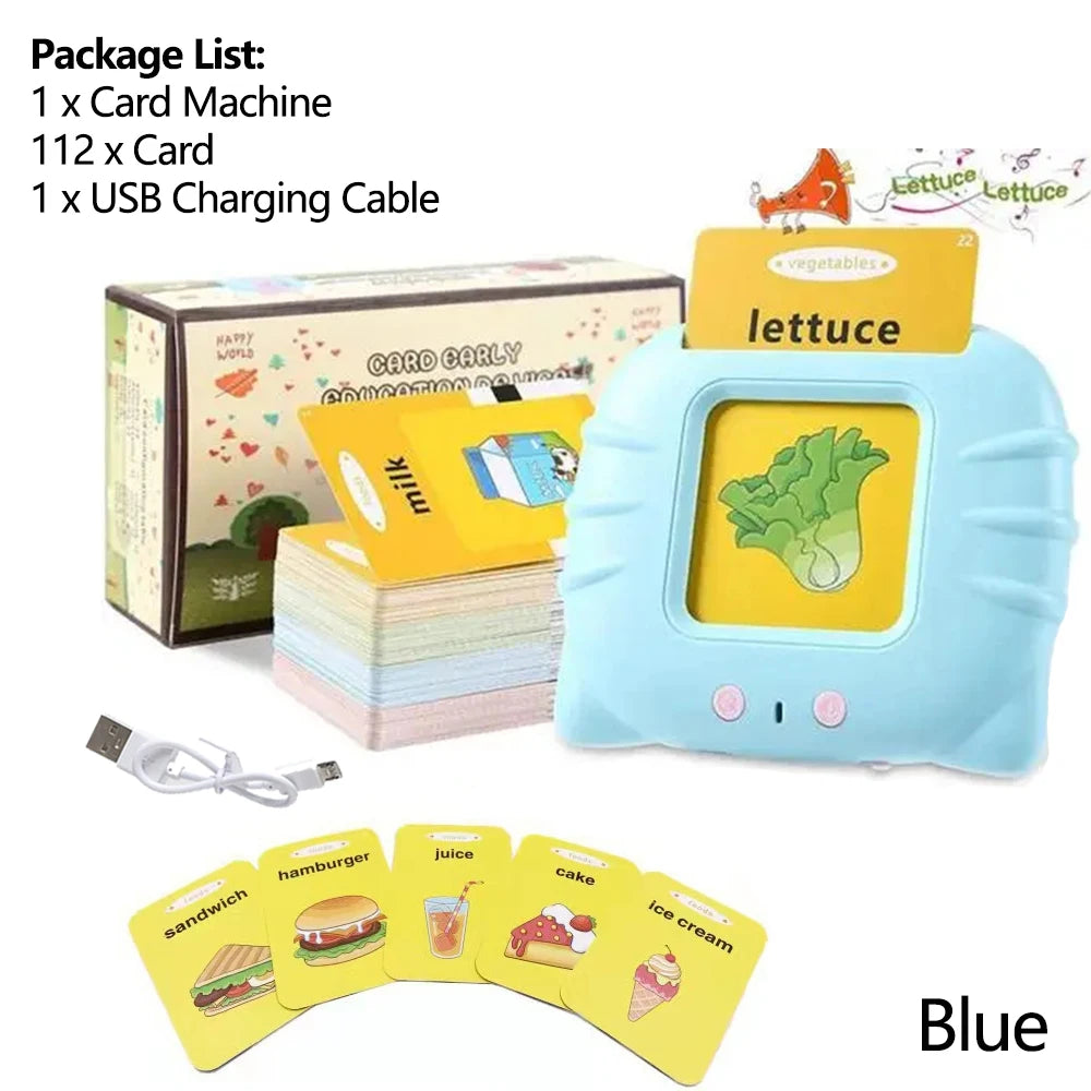 Blue card machine toy with various food flash cards and a USB charging cable