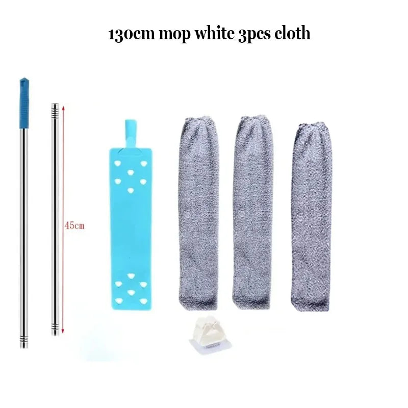 Three pieces of 130cm mop white cloth and a telescopic duster brush are shown.