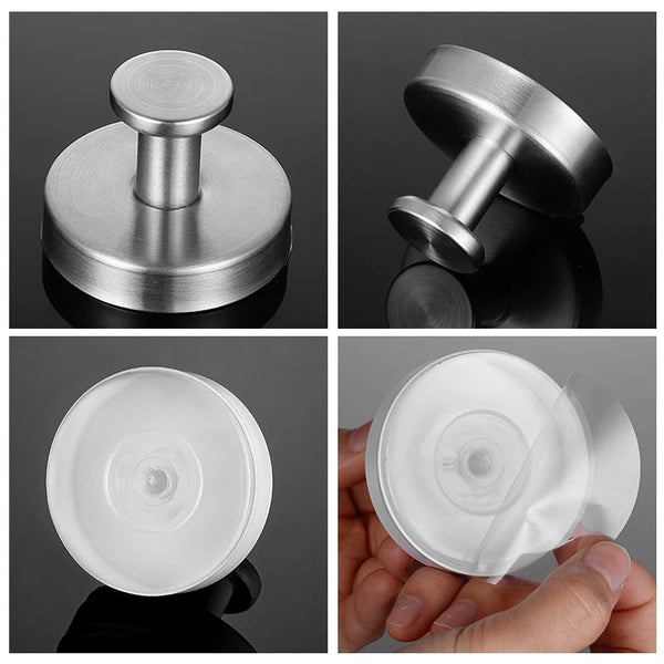 Un juego de ganchos para pared con ventosas de acero inoxidable reutilizables, mostrados en varias vistas y una mano sostenie
