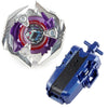 A Beyblade starter set featuring a silver launcher and a purple and black Bey with a phoenix wing design.