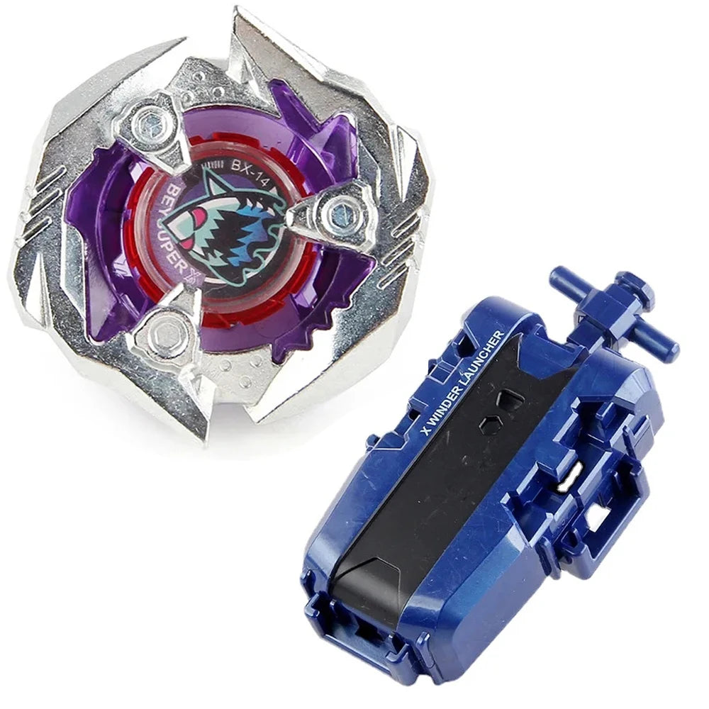 A Beyblade starter set featuring a silver launcher and a purple and black Bey with a phoenix wing design.