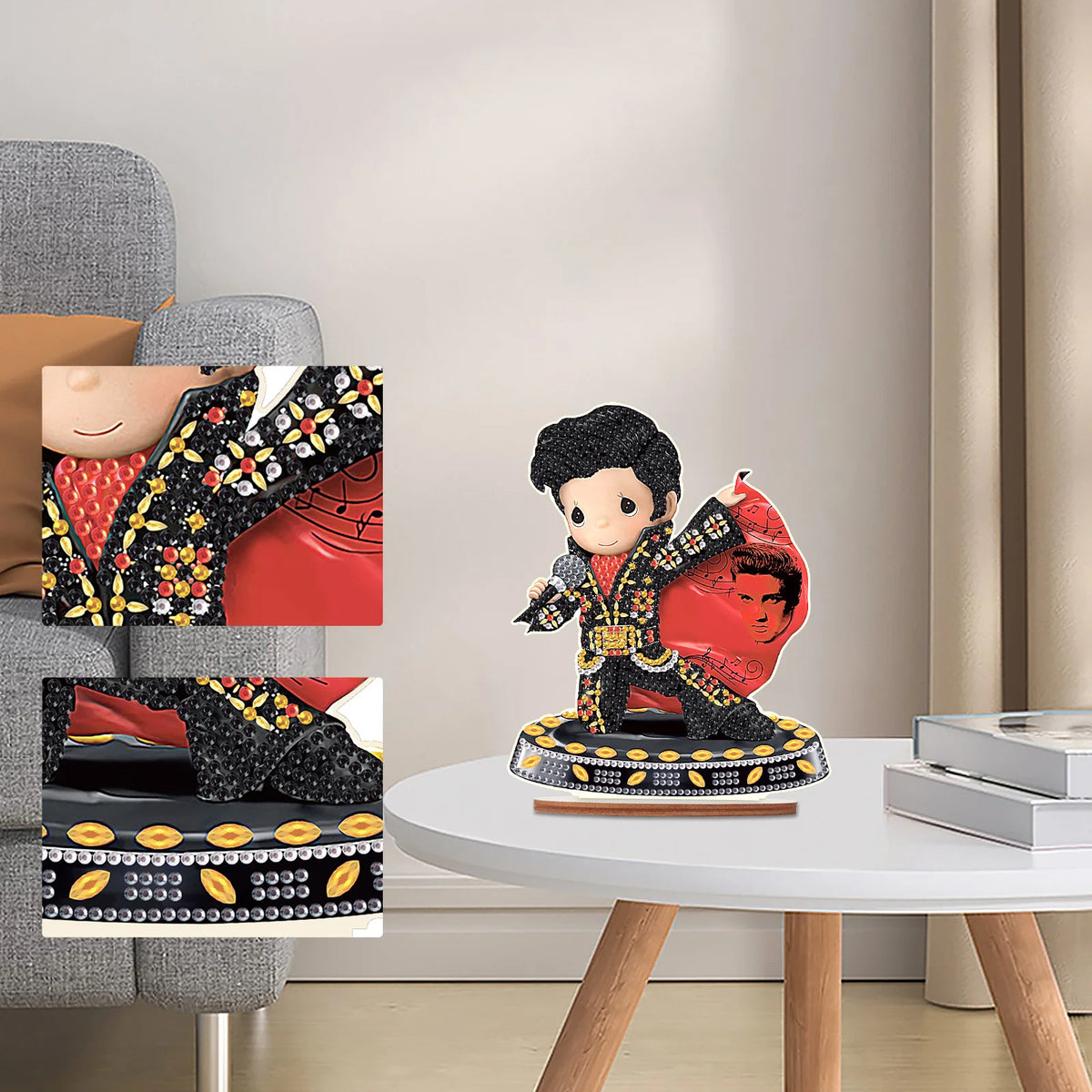 A diamond art painting kit ornament featuring a figure in a patterned shirt and red background, displayed on a white table.