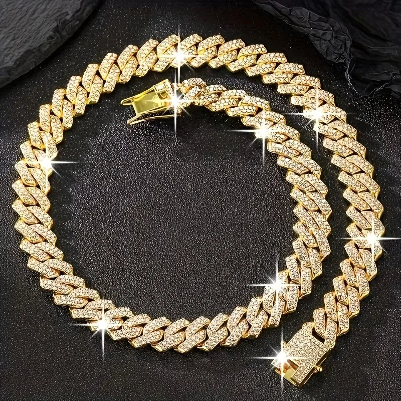 Heavy Cuban Chain Jewelry Set with Crystal Accents