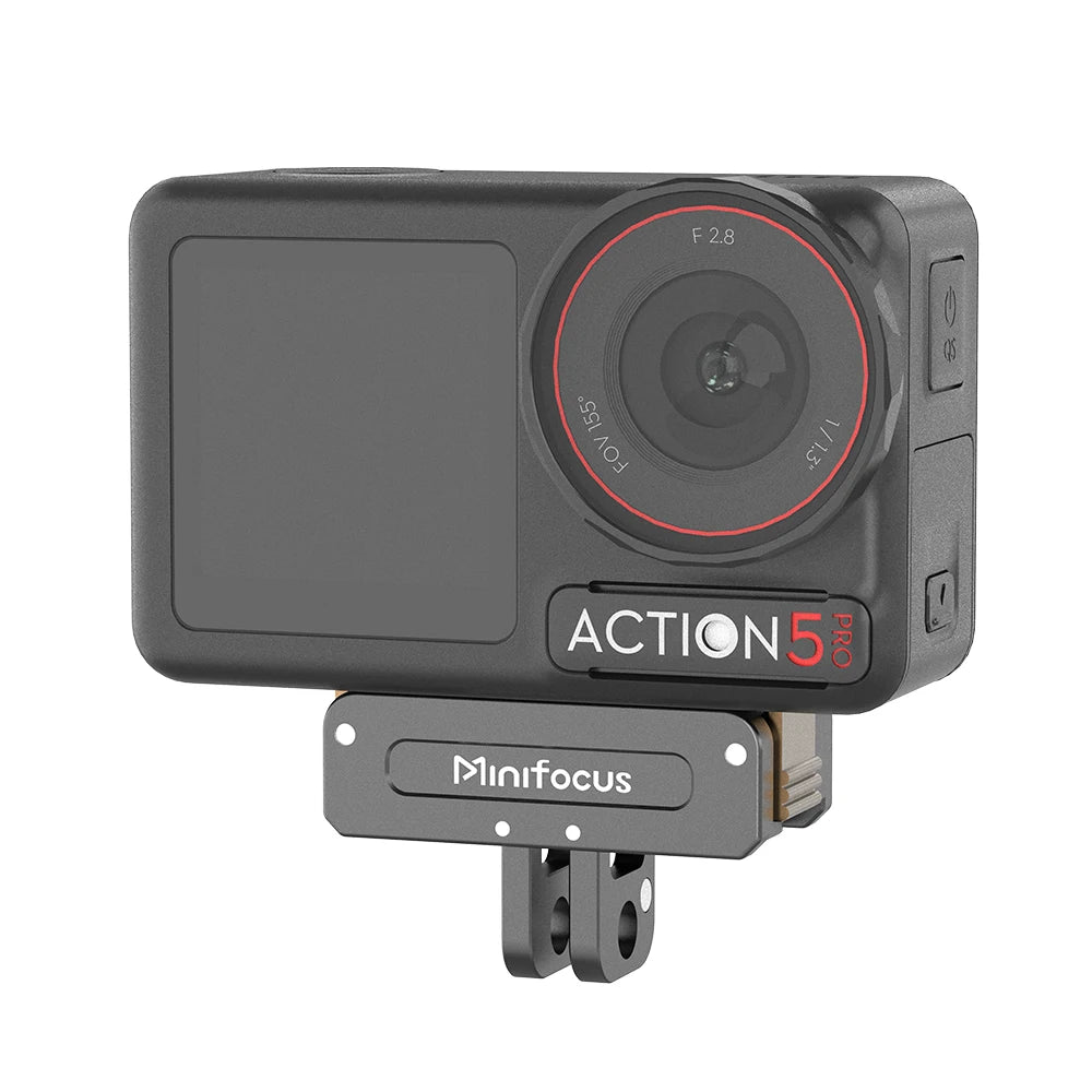 A gray Action 5 camera module with a Minifocus magnetic quick release adapter attached.