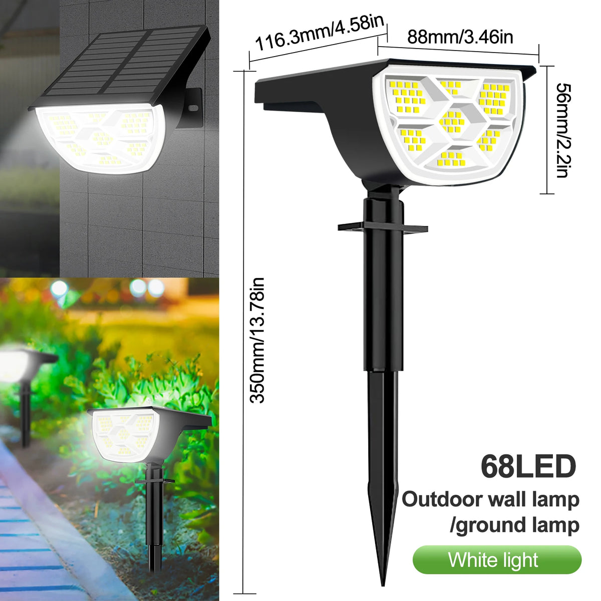 A black outdoor wall and ground lamp with 68LED white light illuminating a garden area.