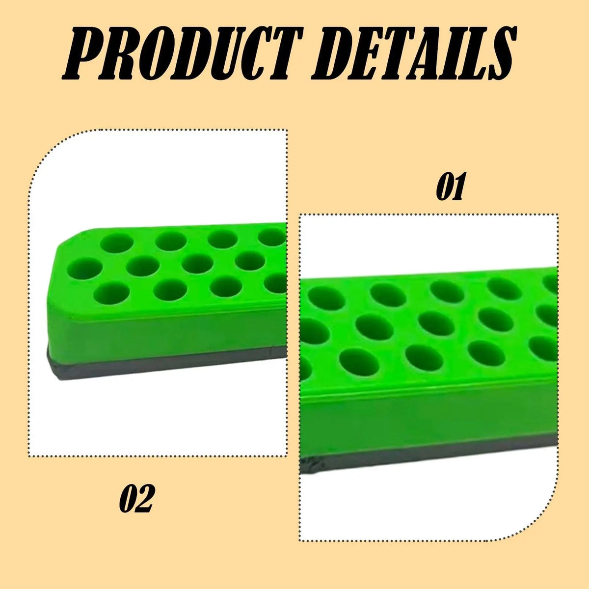 Two views of a green plastic screwdriver bit holder rack with multiple slots.