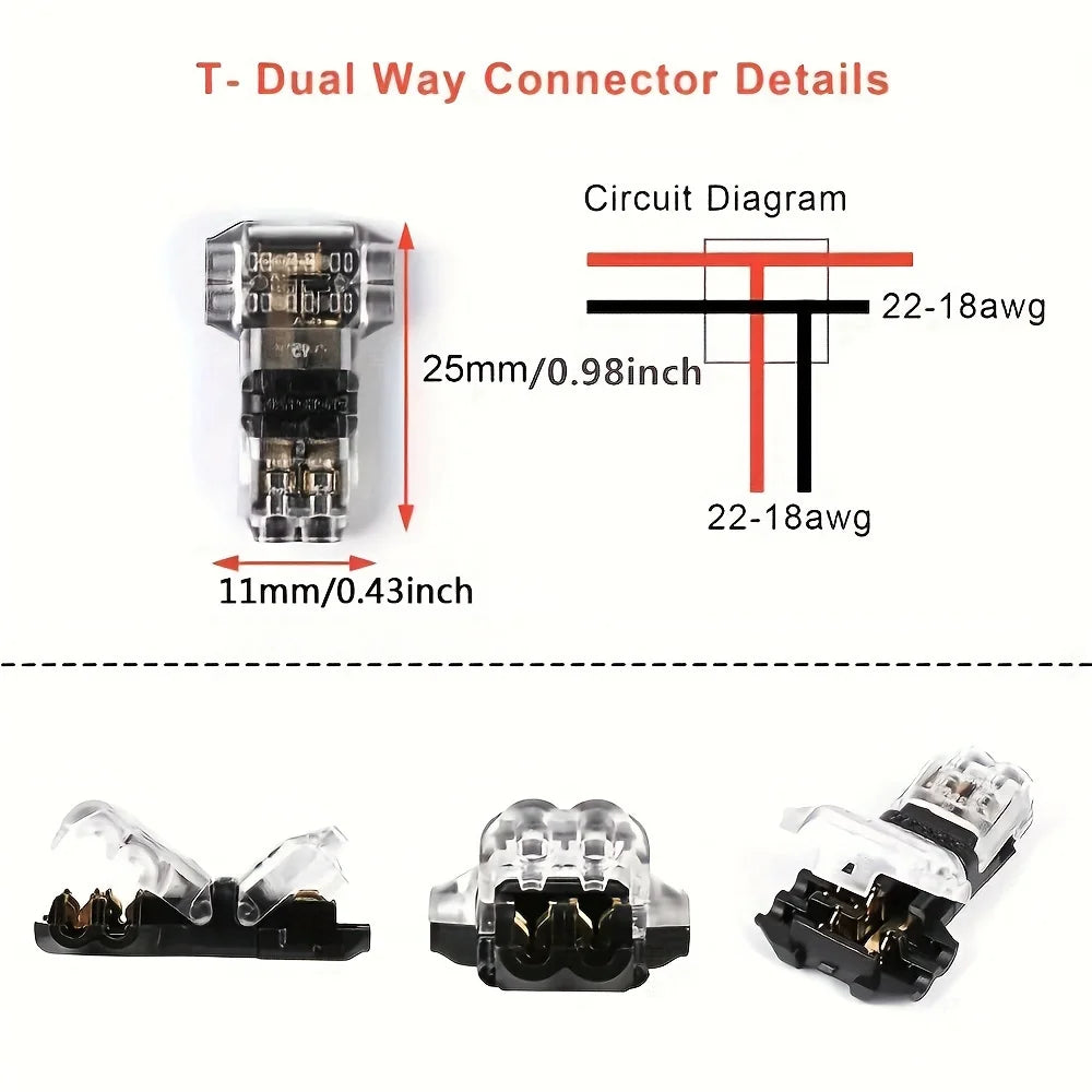 Details of a T-Dual Way Connector showing circuit diagram and various views of the electrical terminals