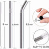 A reusable 304 stainless steel drinking straw with a cleaning brush shown in various lengths and angles.