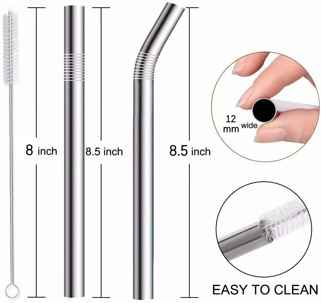 A reusable 304 stainless steel drinking straw with a cleaning brush shown in various lengths and angles.