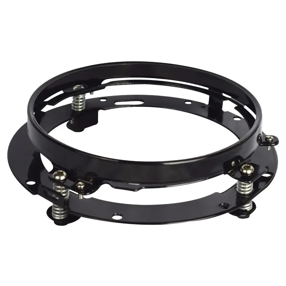 Black circular automotive headlight housing with mounting points for LED lights and signals