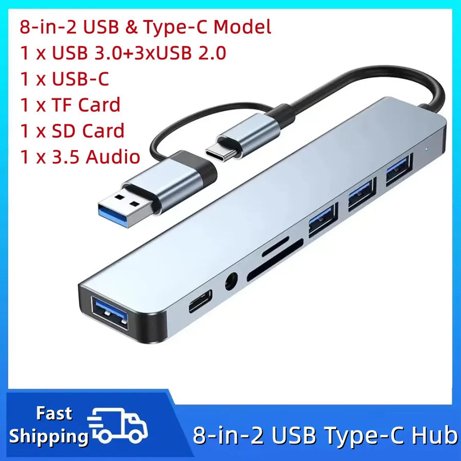 8-in-2 USB-C Hub with SD/TF Card Reader and Audio Jack