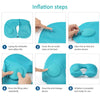 Six steps showing how to inflate a teal self-inflating travel neck pillow with a soft flocking cover