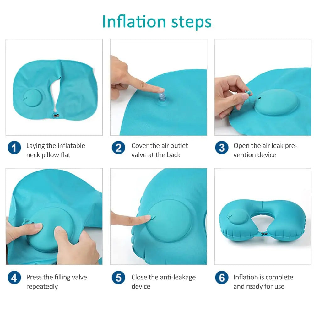 Six steps showing how to inflate a teal self-inflating travel neck pillow with a soft flocking cover