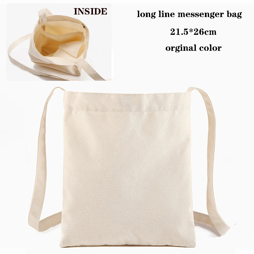 Inside view of a long line messenger bag in original color and an exterior view of the beige canvas tote bag