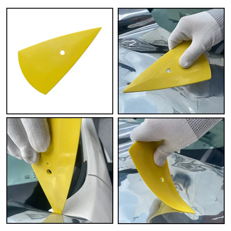 A yellow professional car window tint kit is shown being applied to a car window.