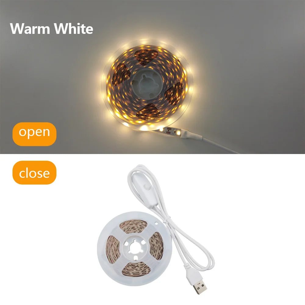 A circular USB LED light strip with a built-in switch is shown in both open and closed states.