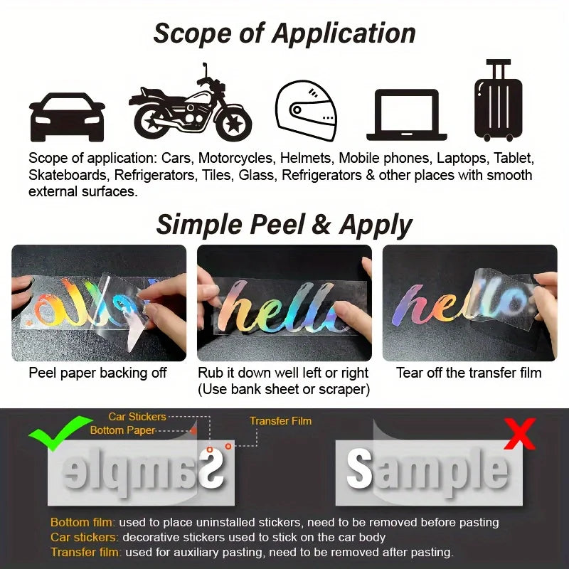 A set of waterproof vinyl stickers for scratch coverage including car decals and other surfaces.