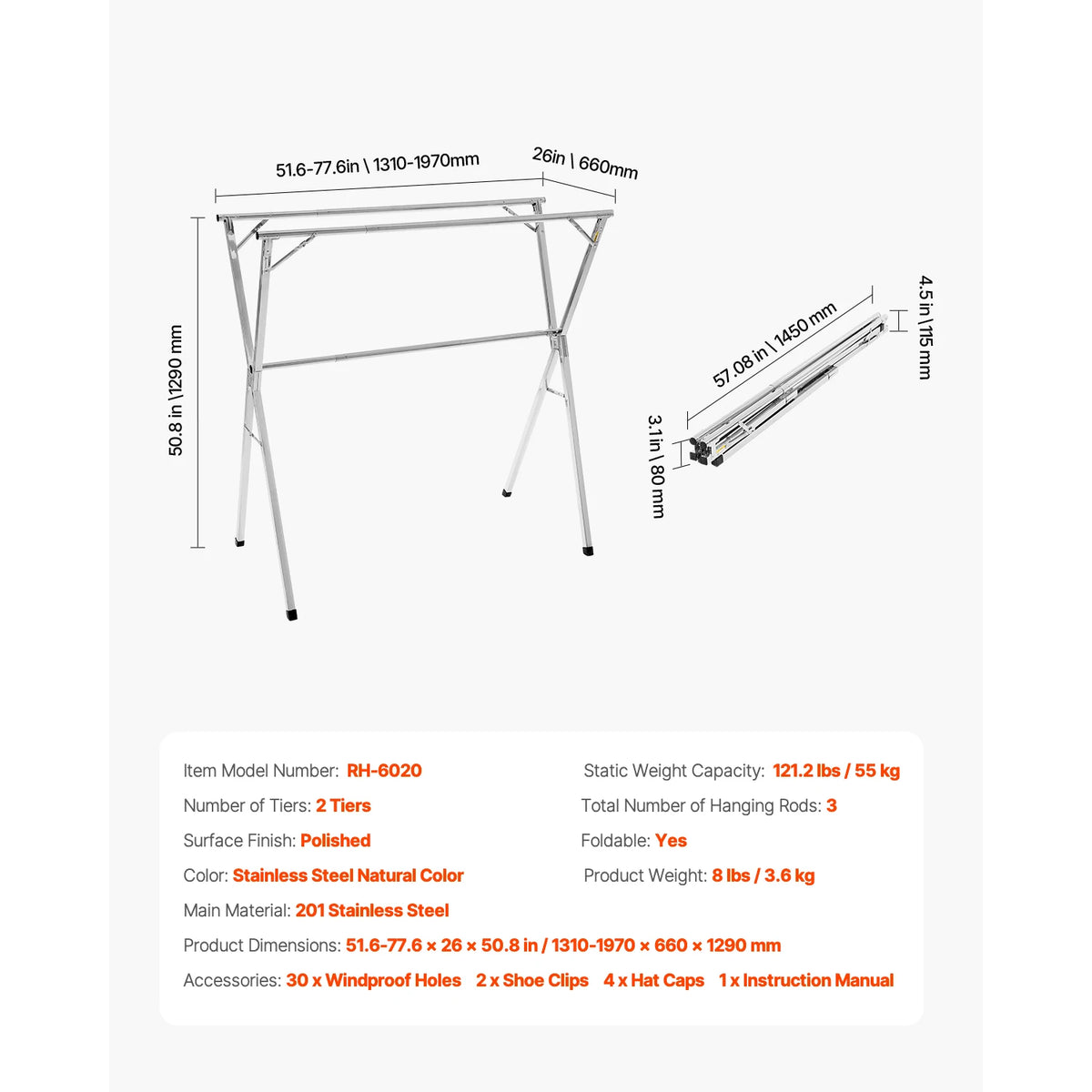 Adjustable Rollable Clothes Drying Rack with Sock Clips