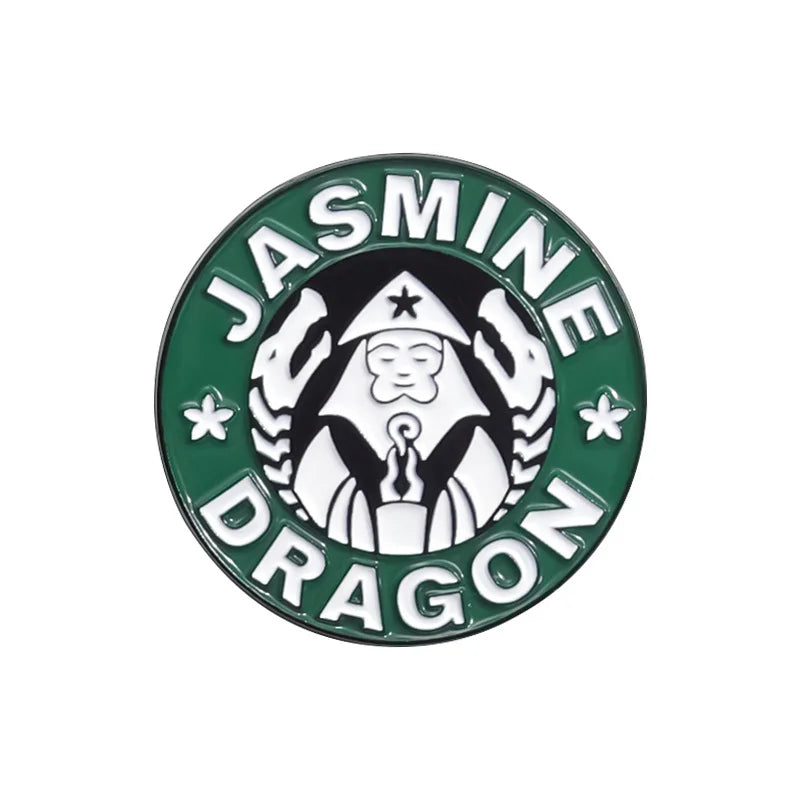 A green enamel pin featuring the name Jasmine and a dragon design.