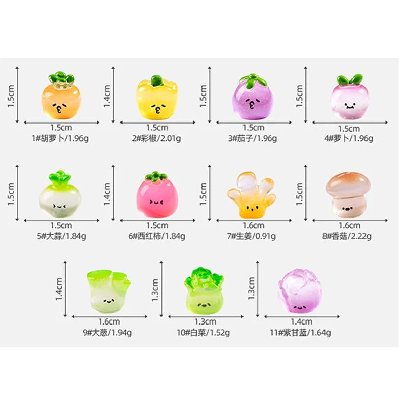 A collection of eleven hand-painted resin vegetable figurines in various colors and sizes for fairy garden and home decor.