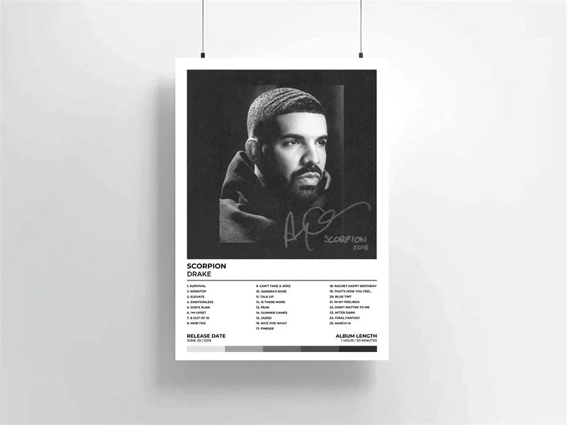 Black and white album art print of Drake with a beard on a white background