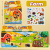 A colorful sticker book for toddlers featuring farm animals, crops, and farm equipment.