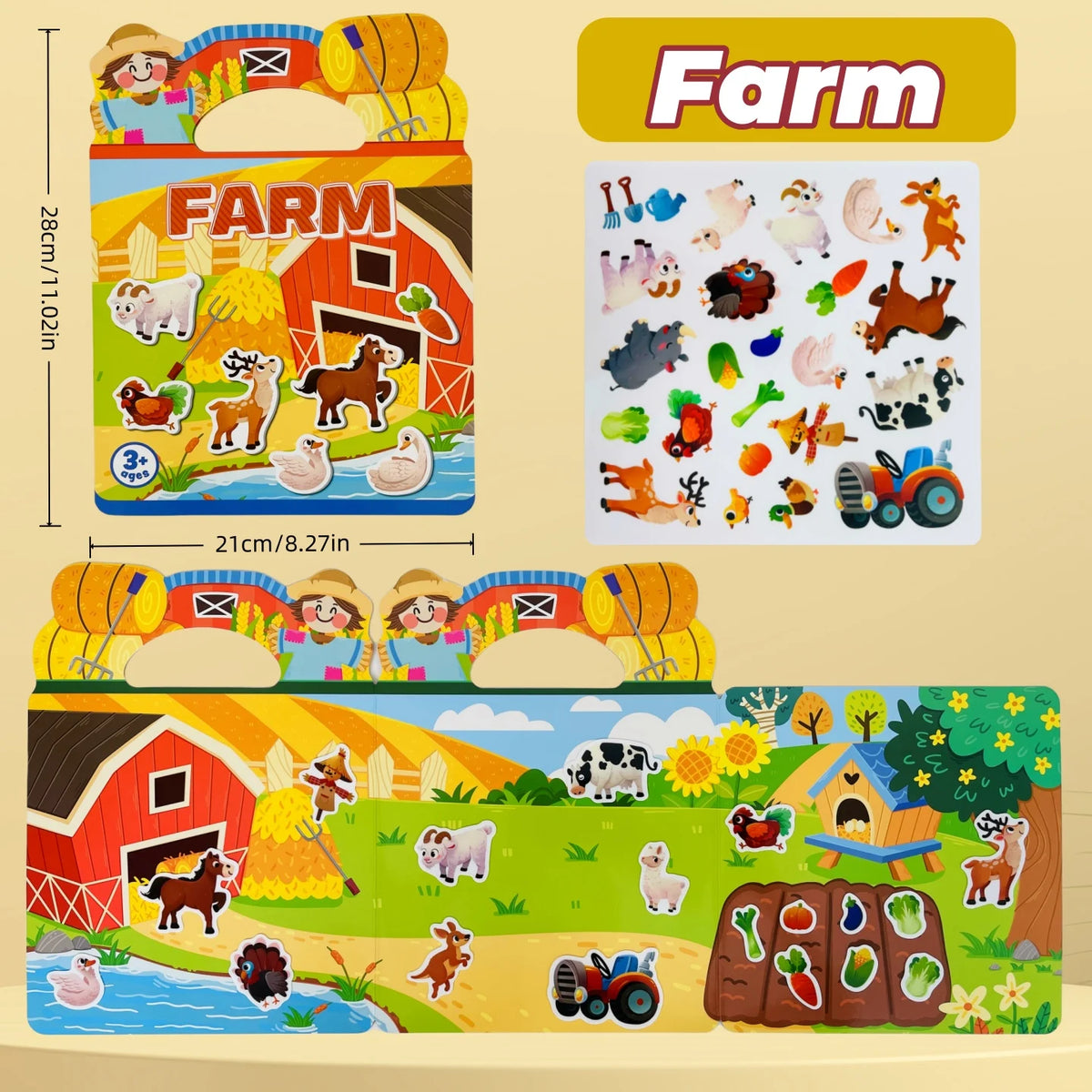 A colorful sticker book for toddlers featuring farm animals, crops, and farm equipment.