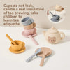 A set of bear silicone pretend play teapots and cups for toddlers, demonstrating tea etiquette.