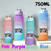 A set of three 750ml portable sports water bottles in pink, purple, and blue colors displayed on a light surface.