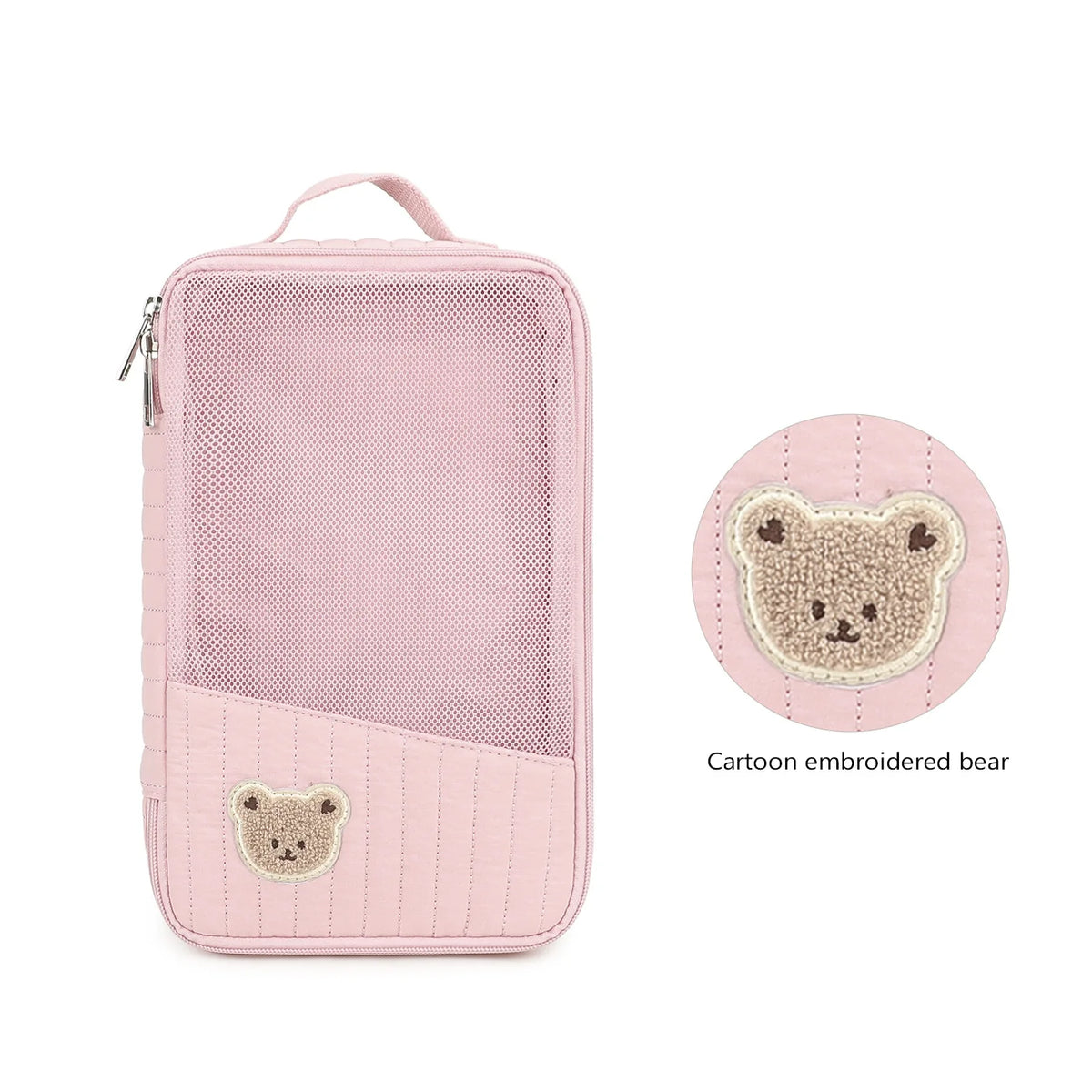 Pink stroller hanging diaper bag with a cute cartoon embroidered bear patch
