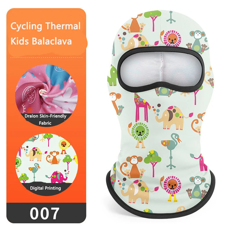 A white kids balaclava mask with colorful animal and tree patterns, featuring a black opening.