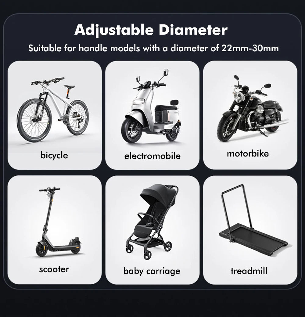 Adjustable diameter phone mount suitable for bicycles, electric mobiles, motorbikes, scooters, baby carriages, and treadmills