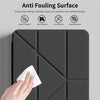 A hand wipes a dark gray magnetic flip smart cover for an iPad, highlighting its anti-fouling surface features.