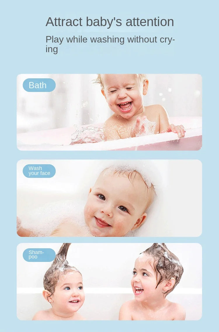 A baby is being bathed and has a happy expression while using a soft mesh bath sponge ball.