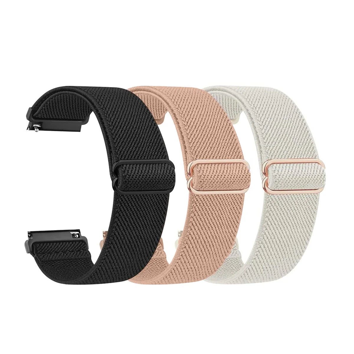 Tres bandas deportivas elásticas de colores, negro, rosa y beige, mostradas una al lado de la otra.