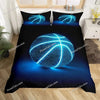 A dark blue duvet cover set featuring a motivational basketball pattern with glowing blue lines on a black background.