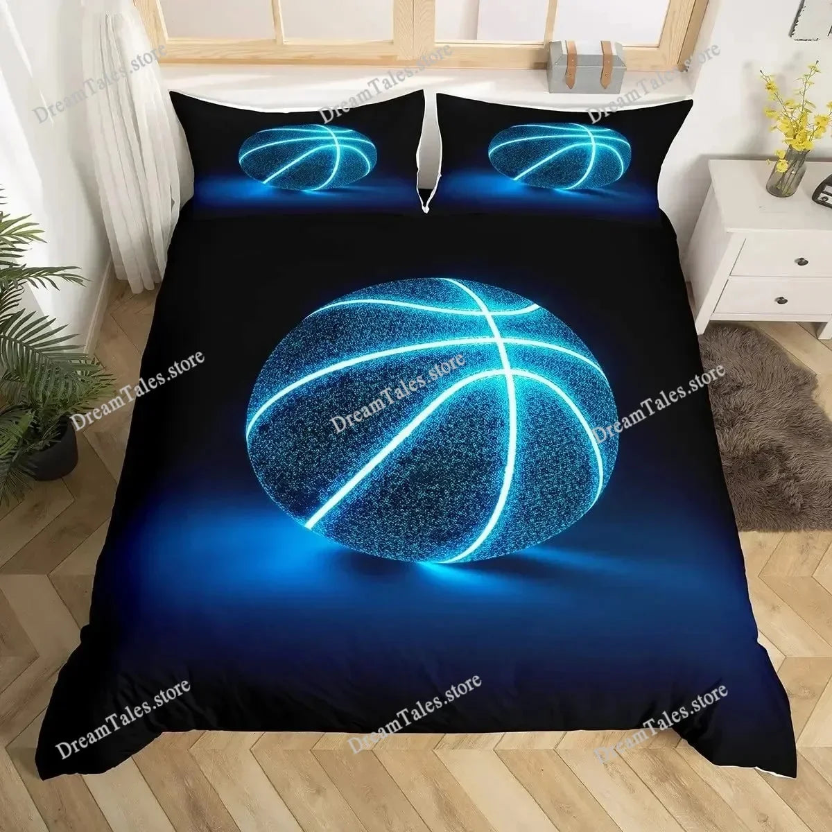A dark blue duvet cover set featuring a motivational basketball pattern with glowing blue lines on a black background.